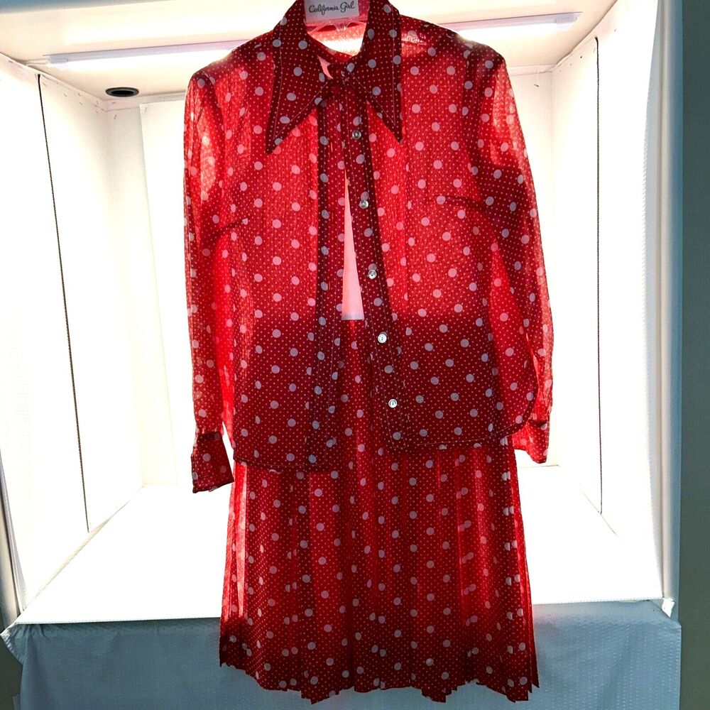 California Girl 1970s 2 Piece Dress Jacket Red White Print Pleated Skirt Size 8